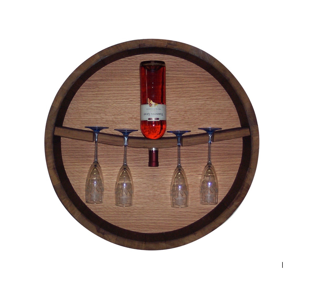 Oak Wine Barrel Head Stemware Rack and Bottle Holder