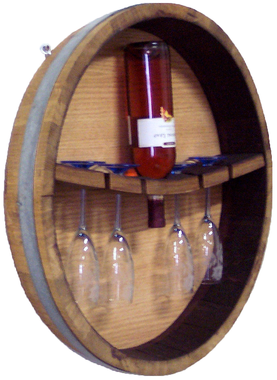 Oak Wine Barrel Head Stemware Rack and Bottle Holder